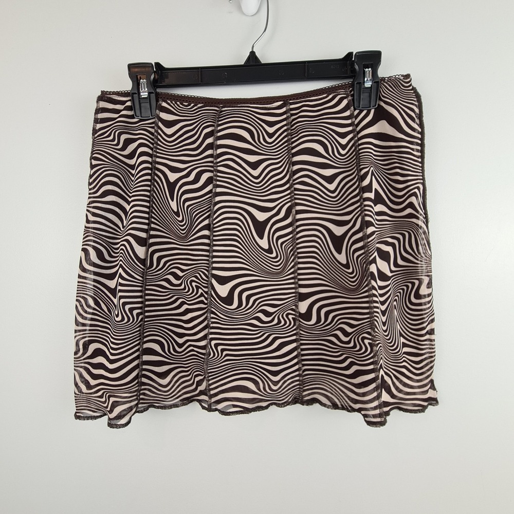 Divided H&M Brown Swirl Mesh Mini Skirt Lettuce Hem Y2K Style M Retro Grunge